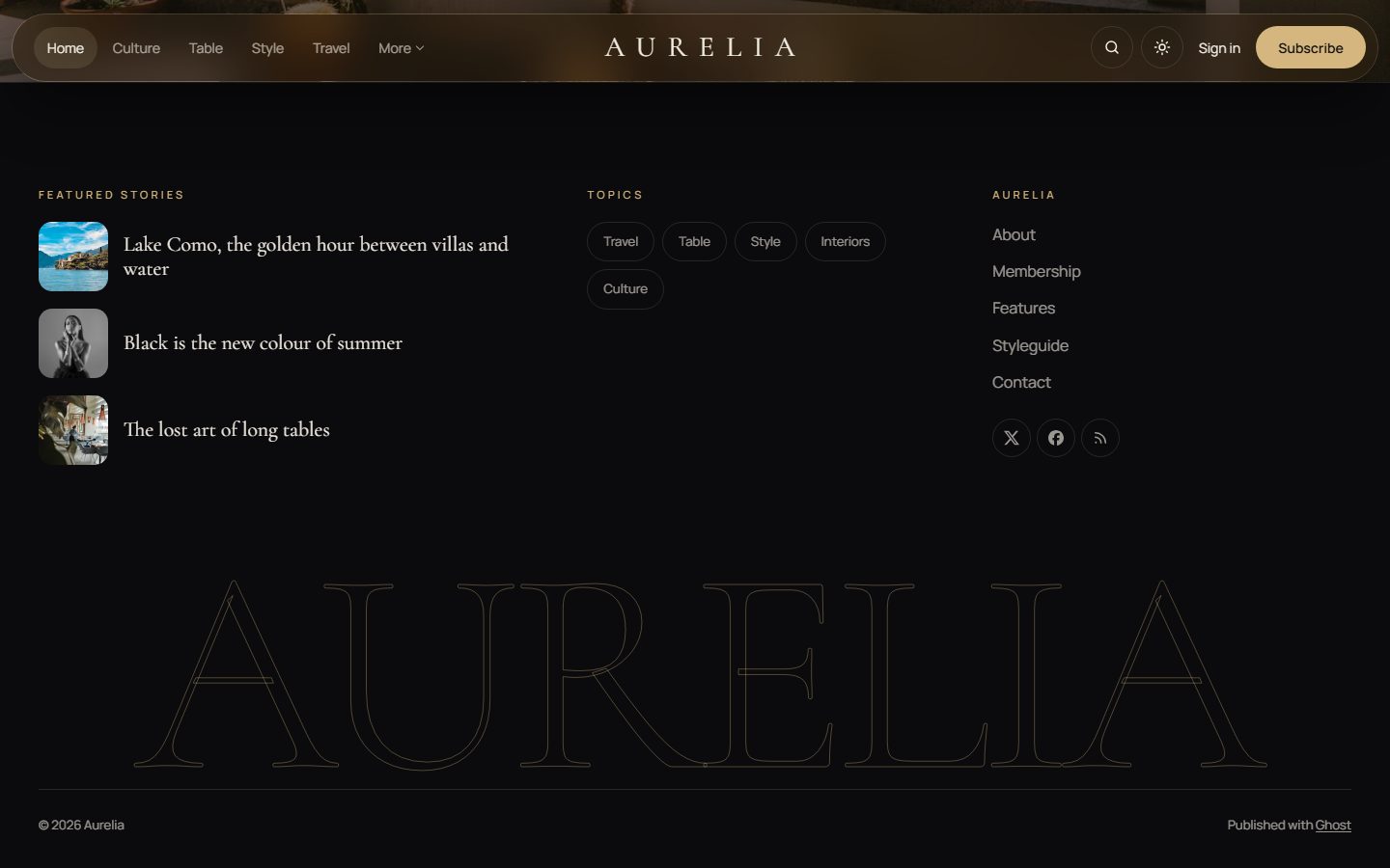 The footer with the giant outlined wordmark