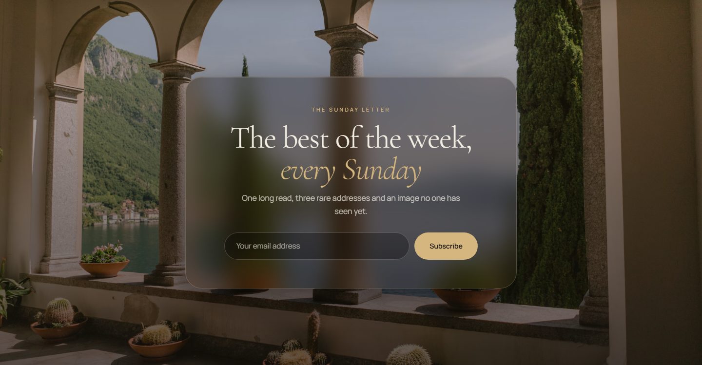 The newsletter: full-bleed photo and glass card
